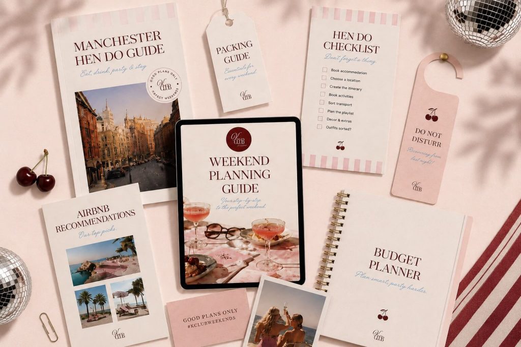kClub hen do planning guides and printables laid out on a table